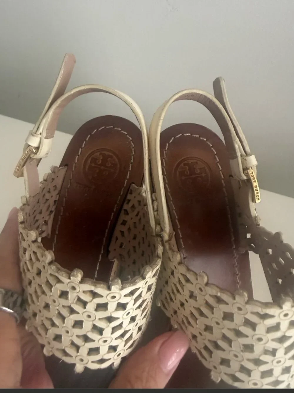 Tory Burch Daisy Floral Perforated Cork Wedge Sandals, Size 8.5